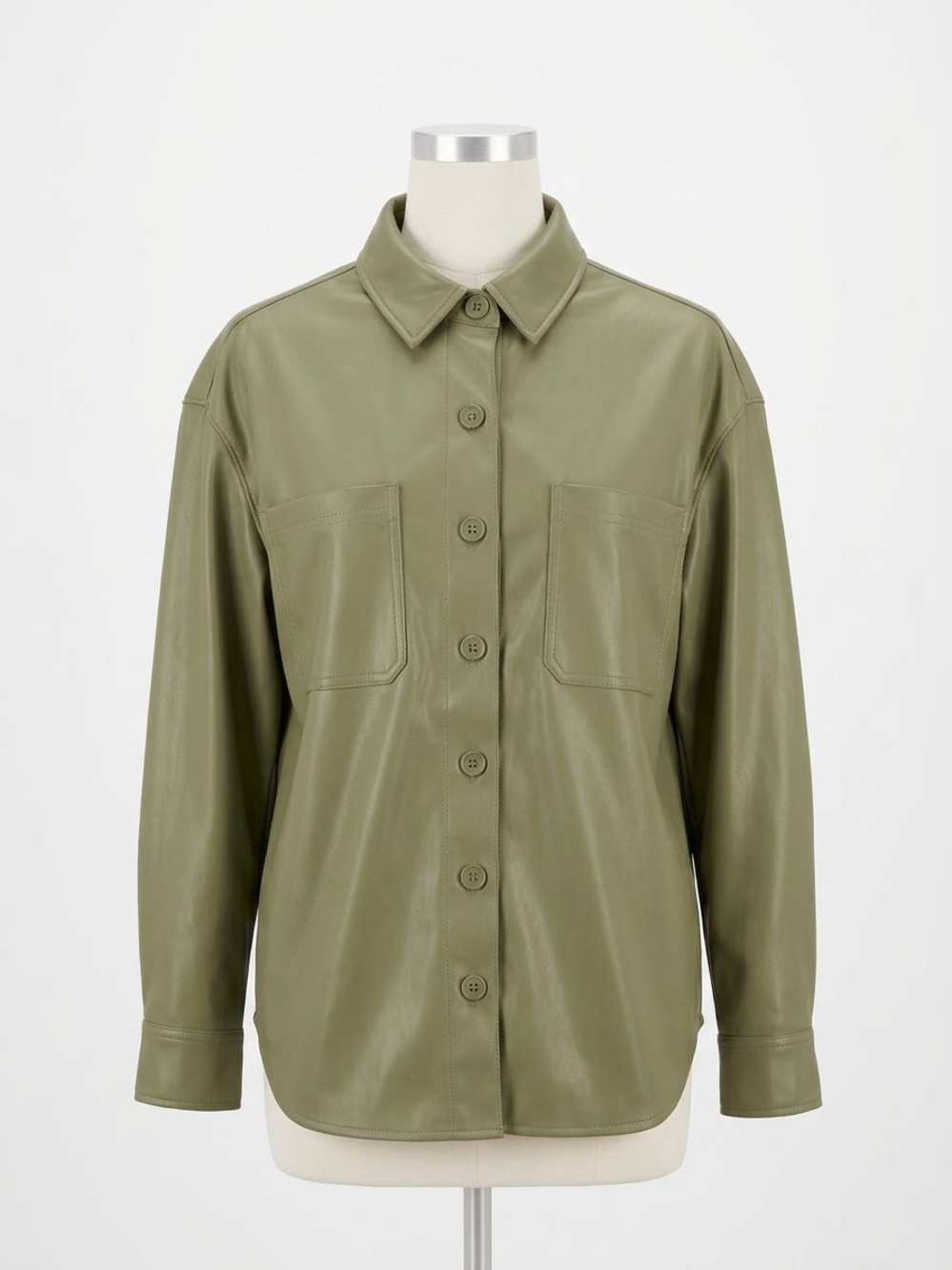 Olive Green Button-Front Leather Shacket - Women